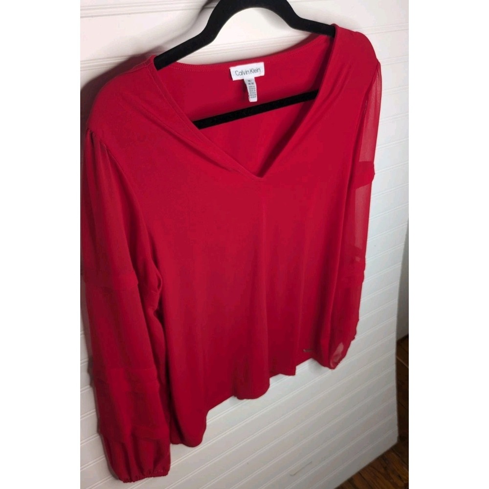 Calvin Klein Women's Long Sleeve Top Medium Mesh Sleeves Solid Red Lightweight - Picture 2 of 8